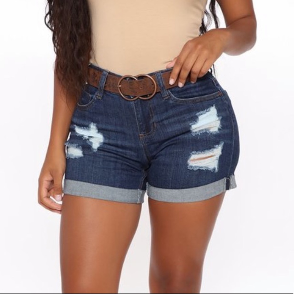 Cuffed Hem Dark Blue Denim Shorts